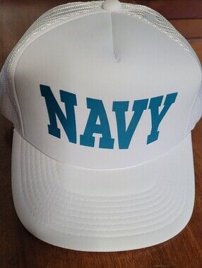 White Trucker Hat with Teal "NAVY" Print